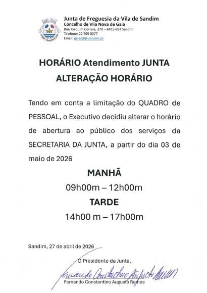 Altera&ccedil;&atilde;o Hor&aacute;rio Atendimento da Junta de Freguesia