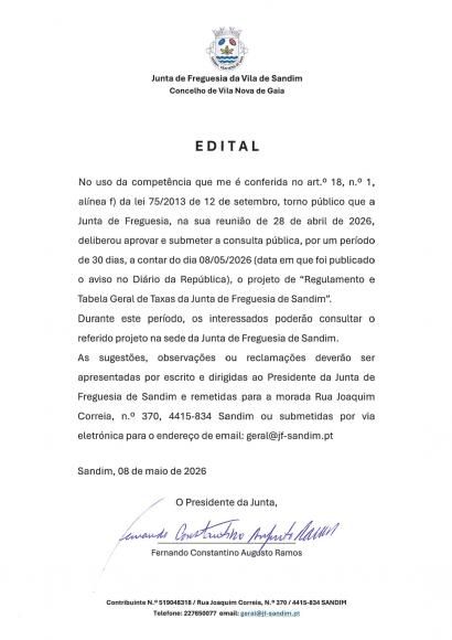 Consulta P&uacute;blica do Regulamento e Tabela Geral de Taxas da Junta de Freguesia de Sandim