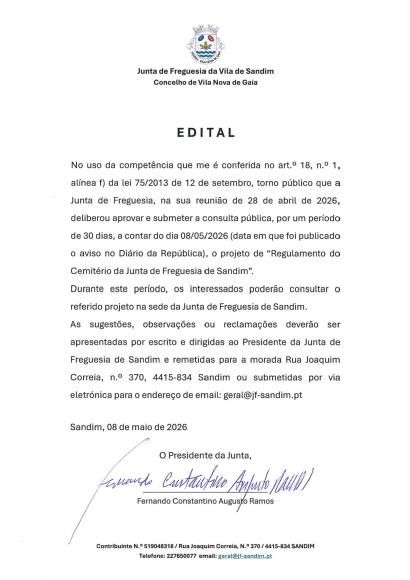 Consulta P&uacute;blica do Regulamento do Cemit&eacute;rio da Junta de Freguesia de Sandim