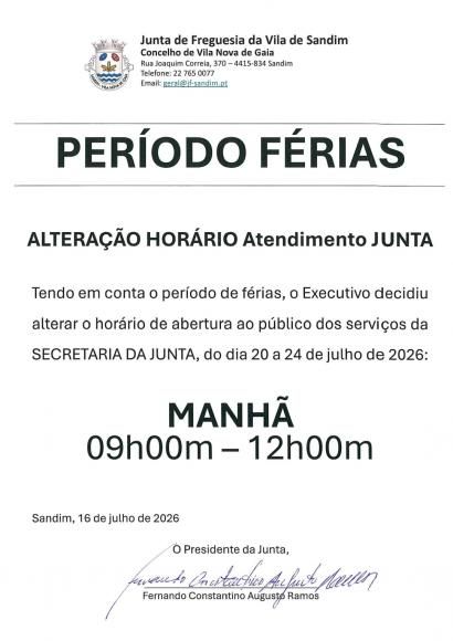 Altera&ccedil;&atilde;o do Hor&aacute;rio de Atendimento da Junta - Per&iacute;odo de F&eacute;rias